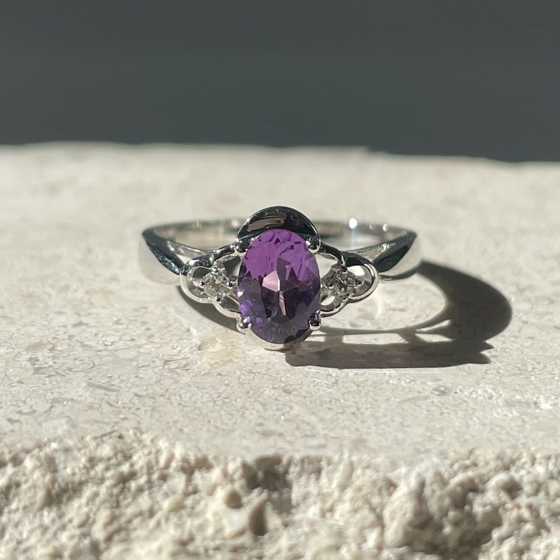 14K Solid Gold Genuine Amethyst and Diamond Ring