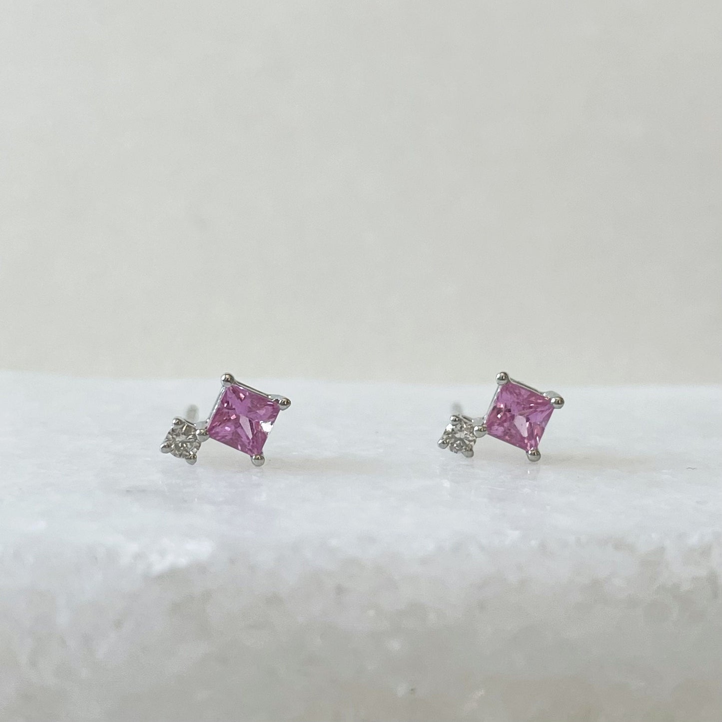 14K Solid Gold Genuine Pink Sapphire and Diamond Studs (pair)
