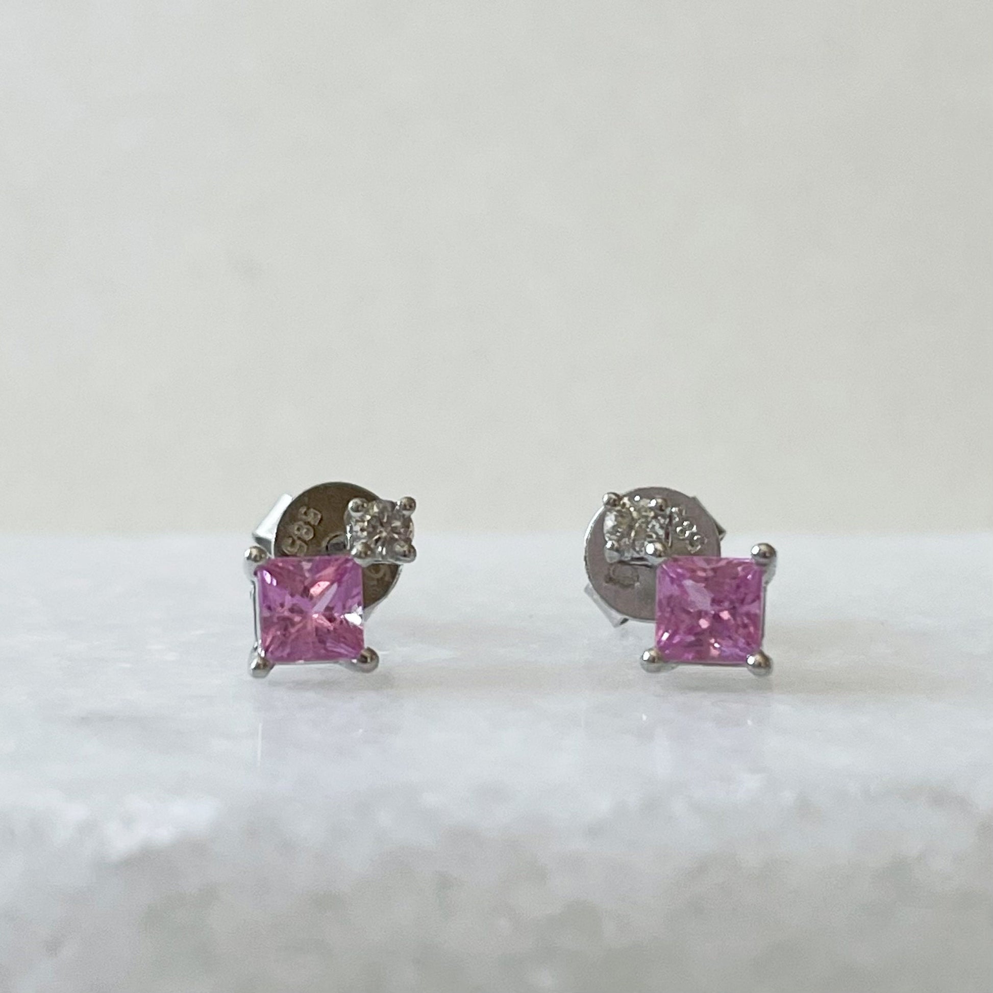 14K Solid Gold Genuine Pink Sapphire and Diamond Studs (pair)