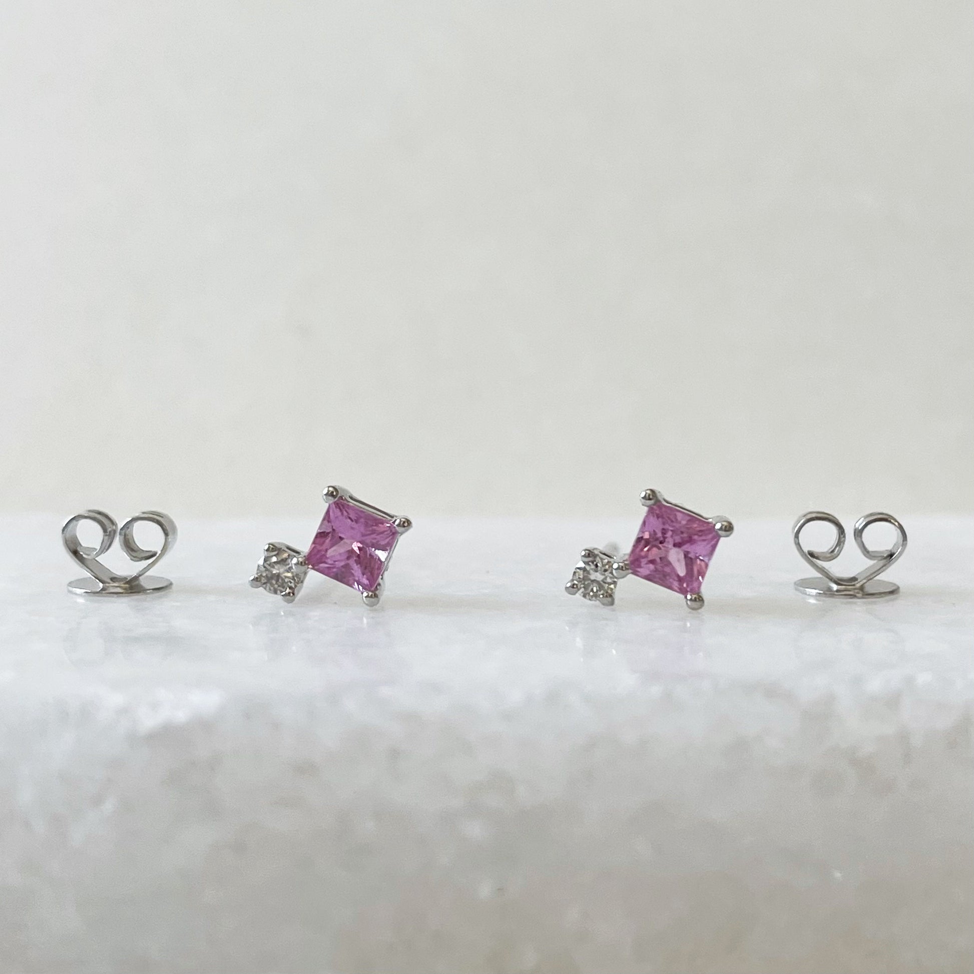 14K Solid Gold Genuine Pink Sapphire and Diamond Studs (pair)