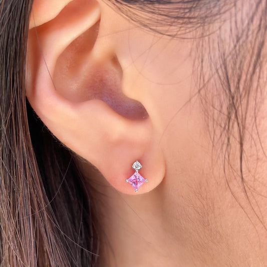 14K Solid Gold Genuine Pink Sapphire and Diamond Studs (pair)