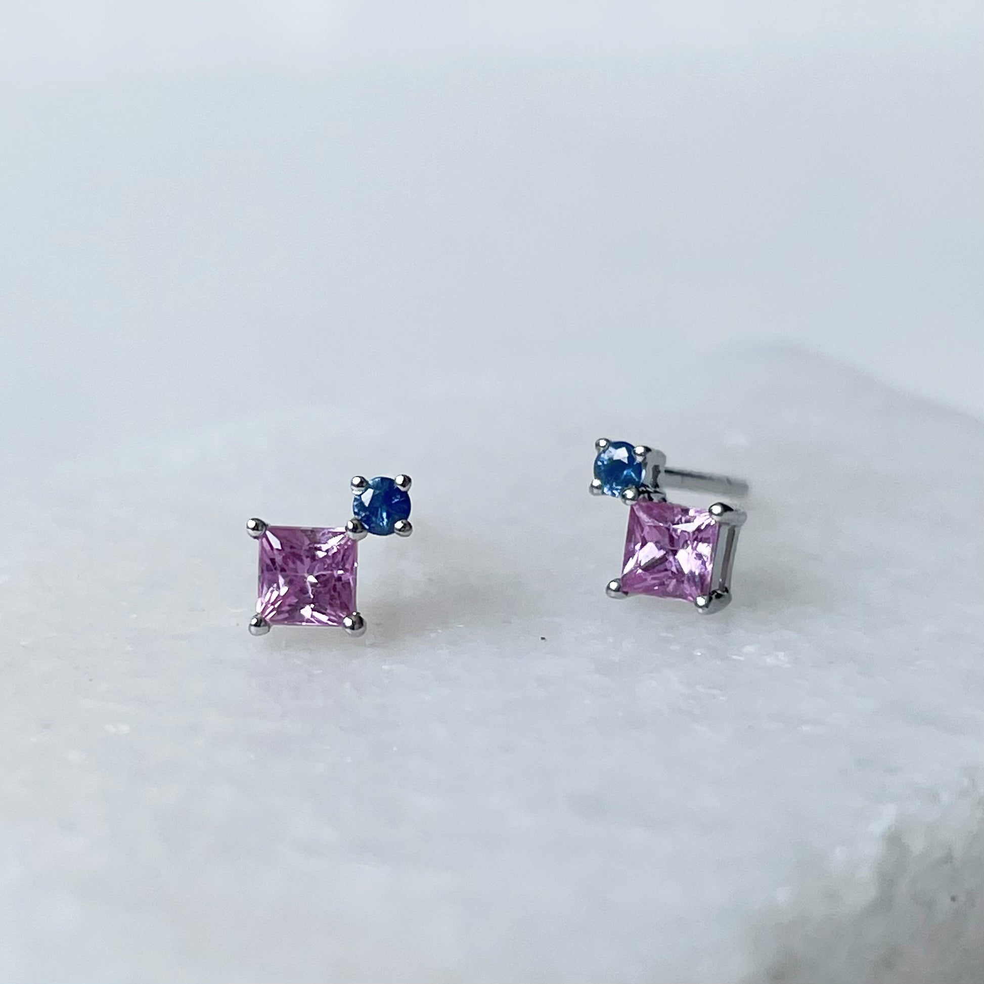 14K Solid Gold Genuine Pink Sapphire and Blue Sapphire Stacked Studs (pair)