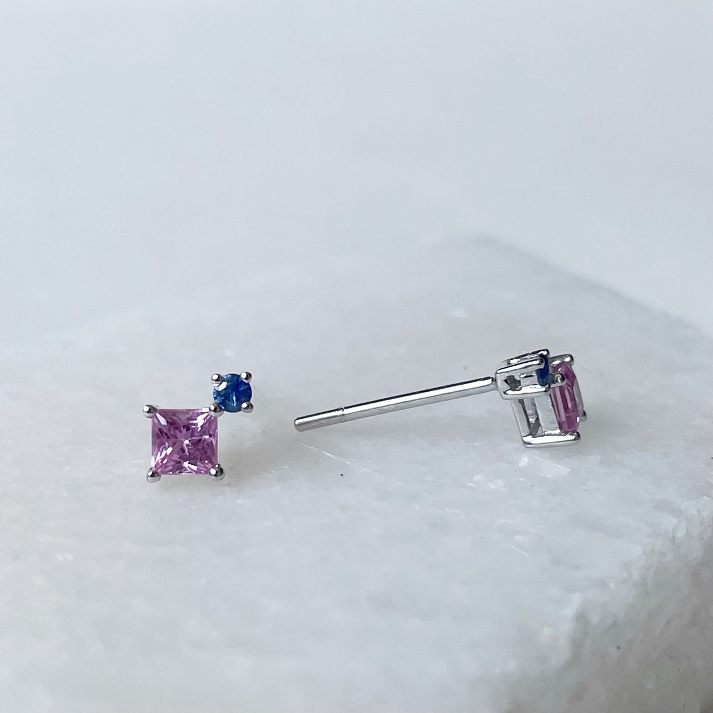 14K Solid Gold Genuine Pink Sapphire and Blue Sapphire Stacked Studs (pair)