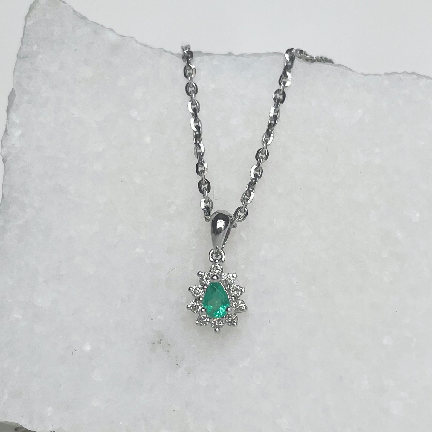 14K Solid Gold Genuine Emerald and Diamond Teardrop Pendant (pendant only)
