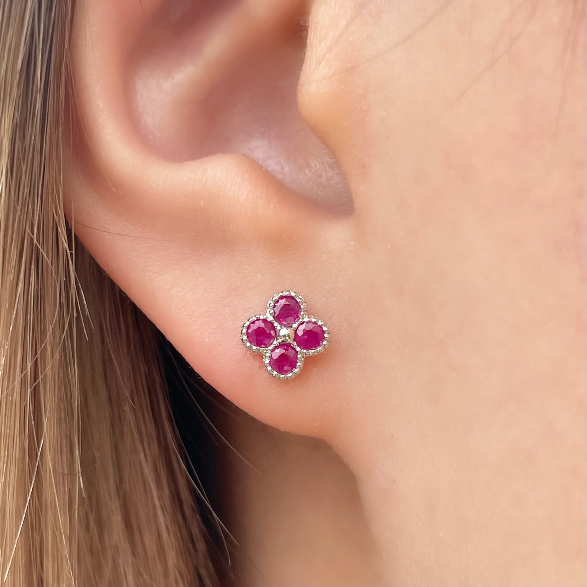 14K Solid Gold Genuine Ruby Clover Studs