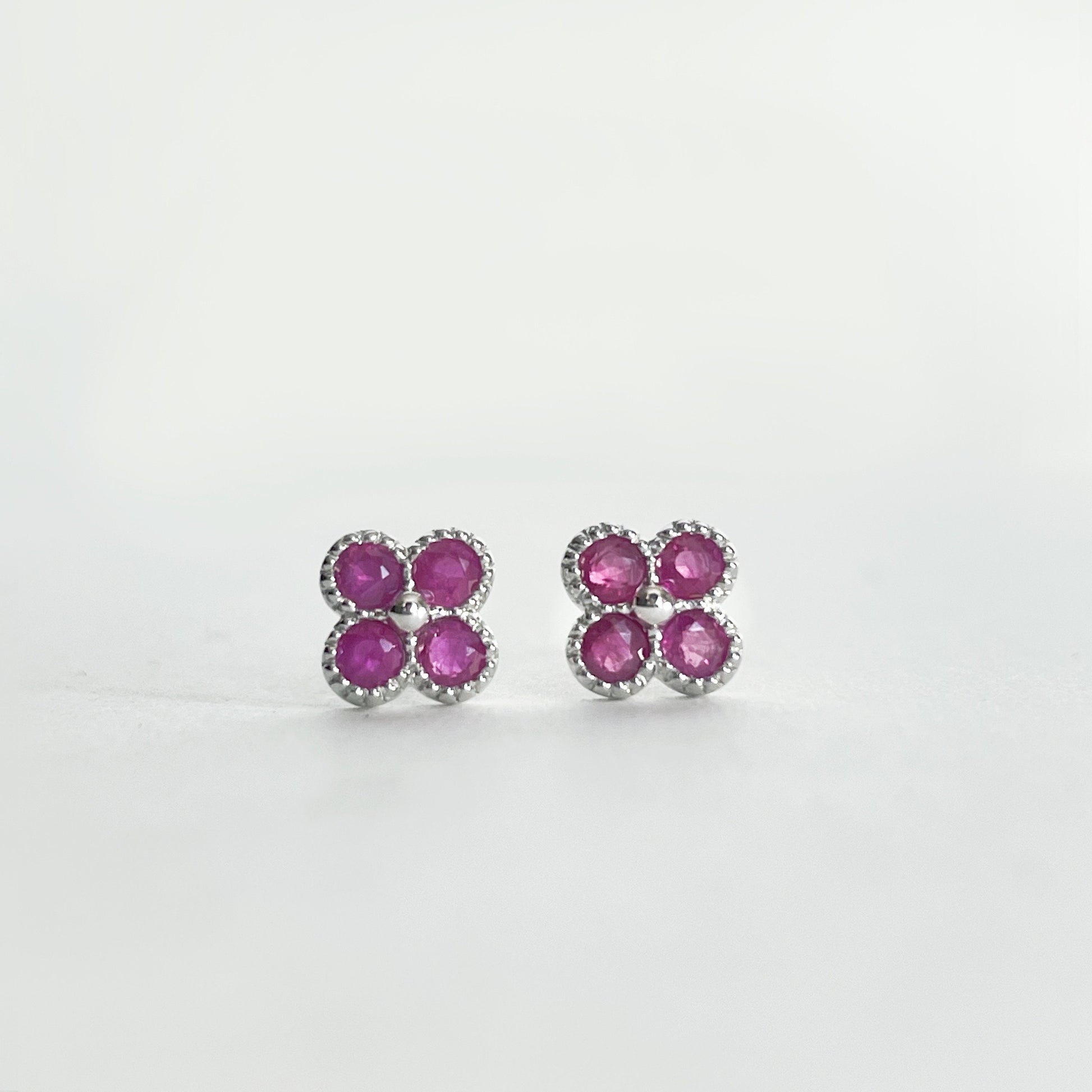 14K Solid Gold Genuine Ruby Clover Studs