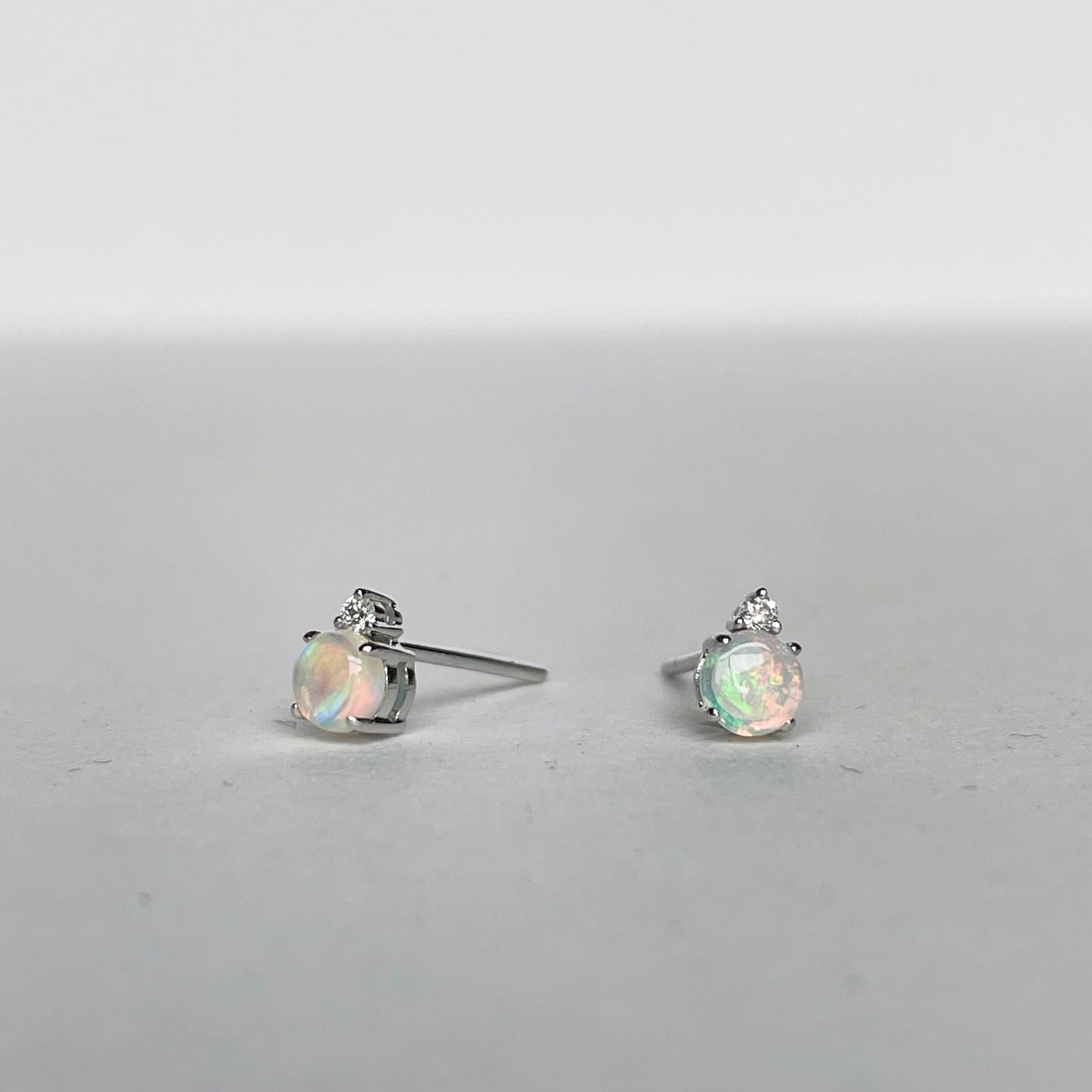 14K Solid Gold Genuine Opal and Diamond Stacked Studs/Pair