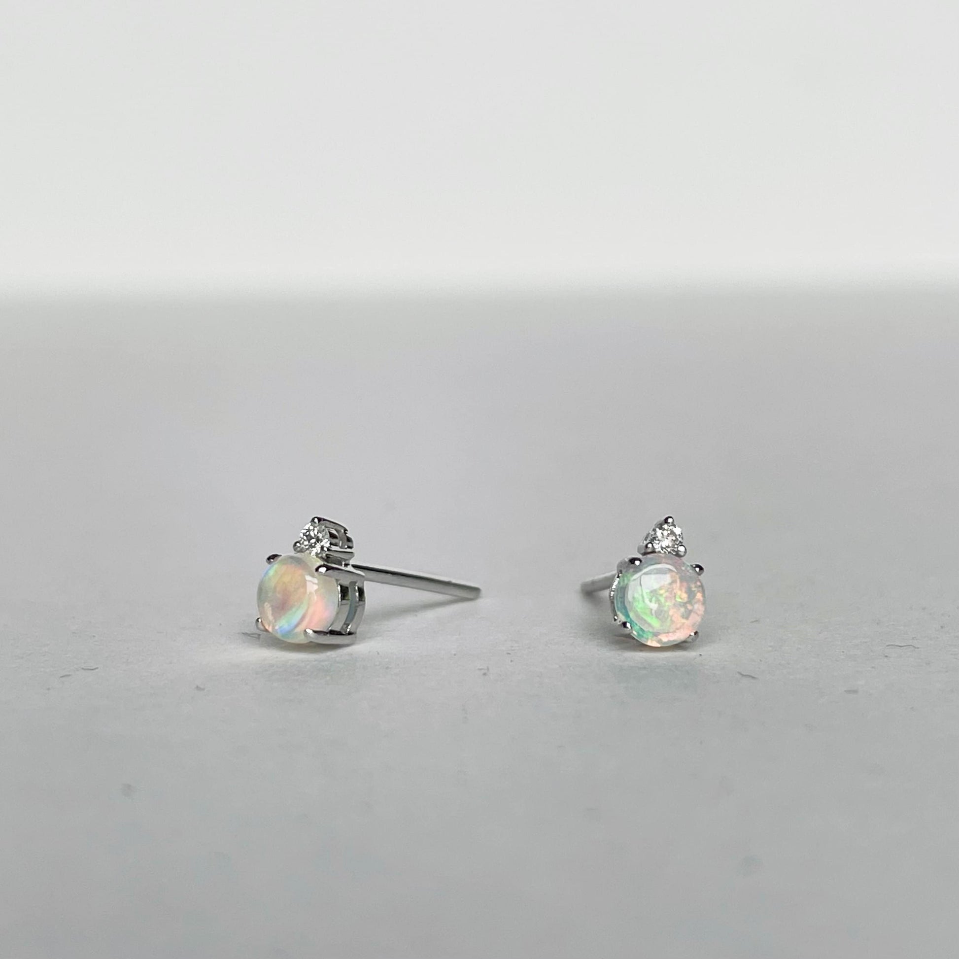 14K Solid Gold Genuine Opal and Diamond Stacked Studs/Pair