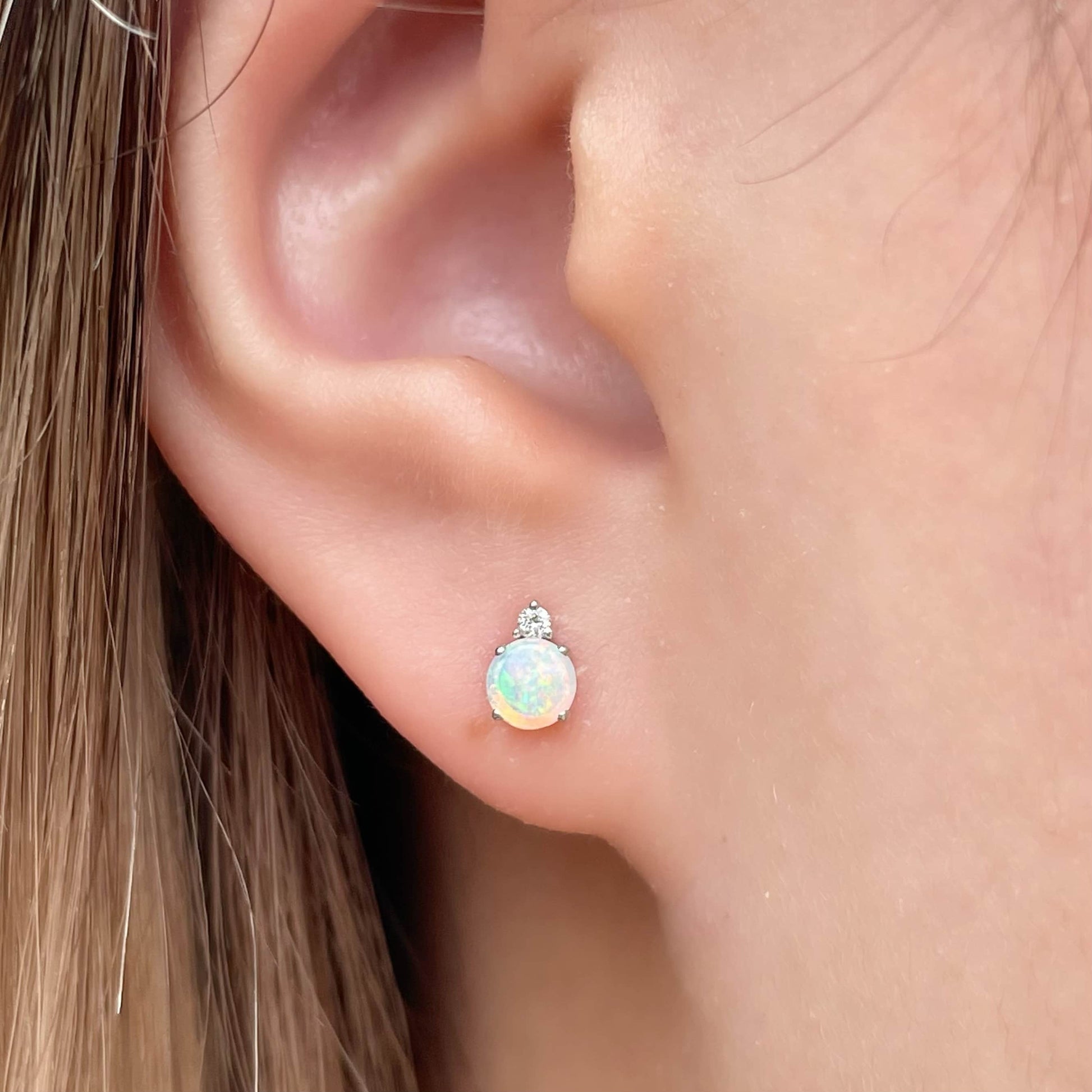 14K Solid Gold Genuine Opal and Diamond Stacked Studs/Pair