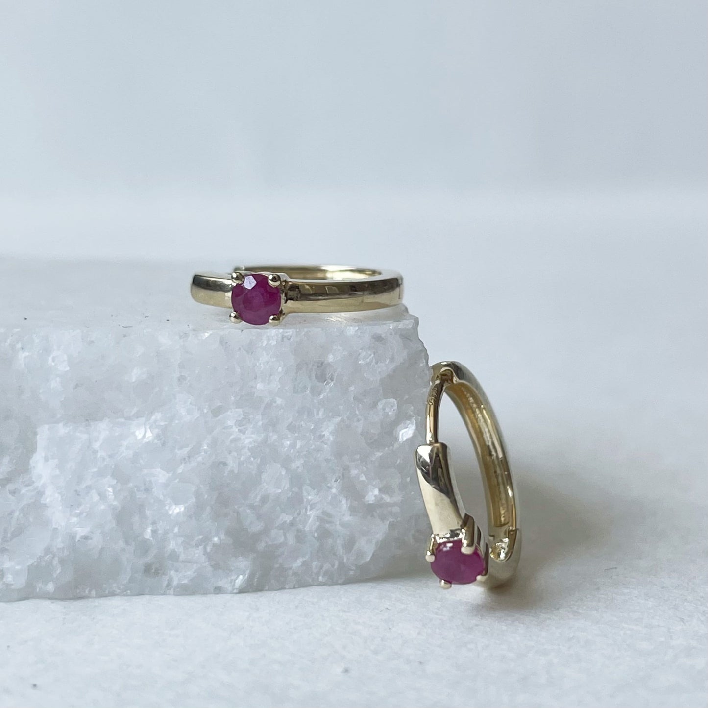 14K Solid Gold Genuine Ruby Huggies/Hoops/Pair