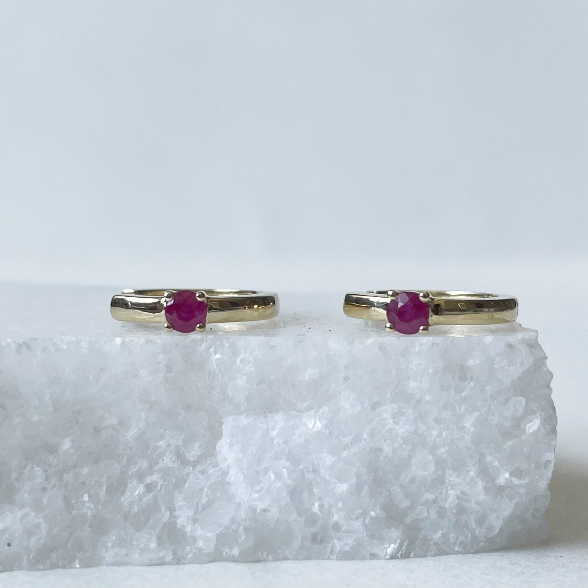 14K Solid Gold Genuine Ruby Huggies/Hoops/Pair