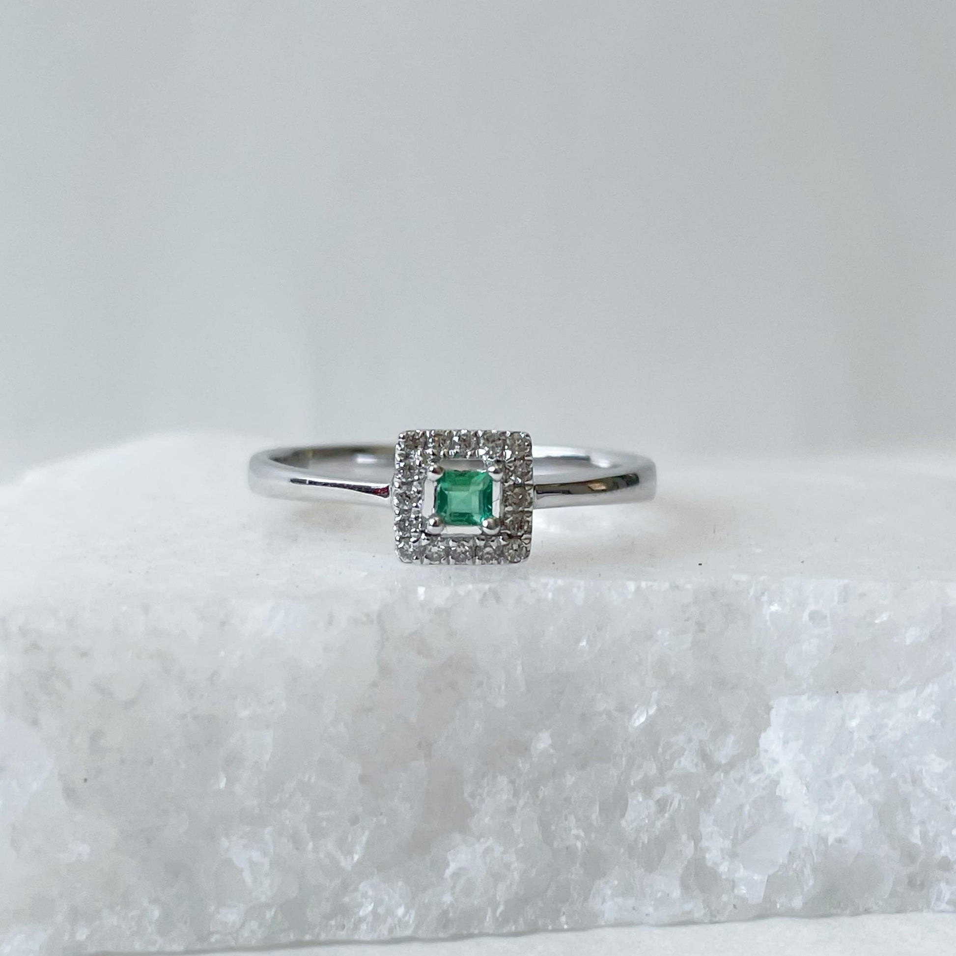 18K Solid Gold Genuine Emerald and Diamond Square Ring