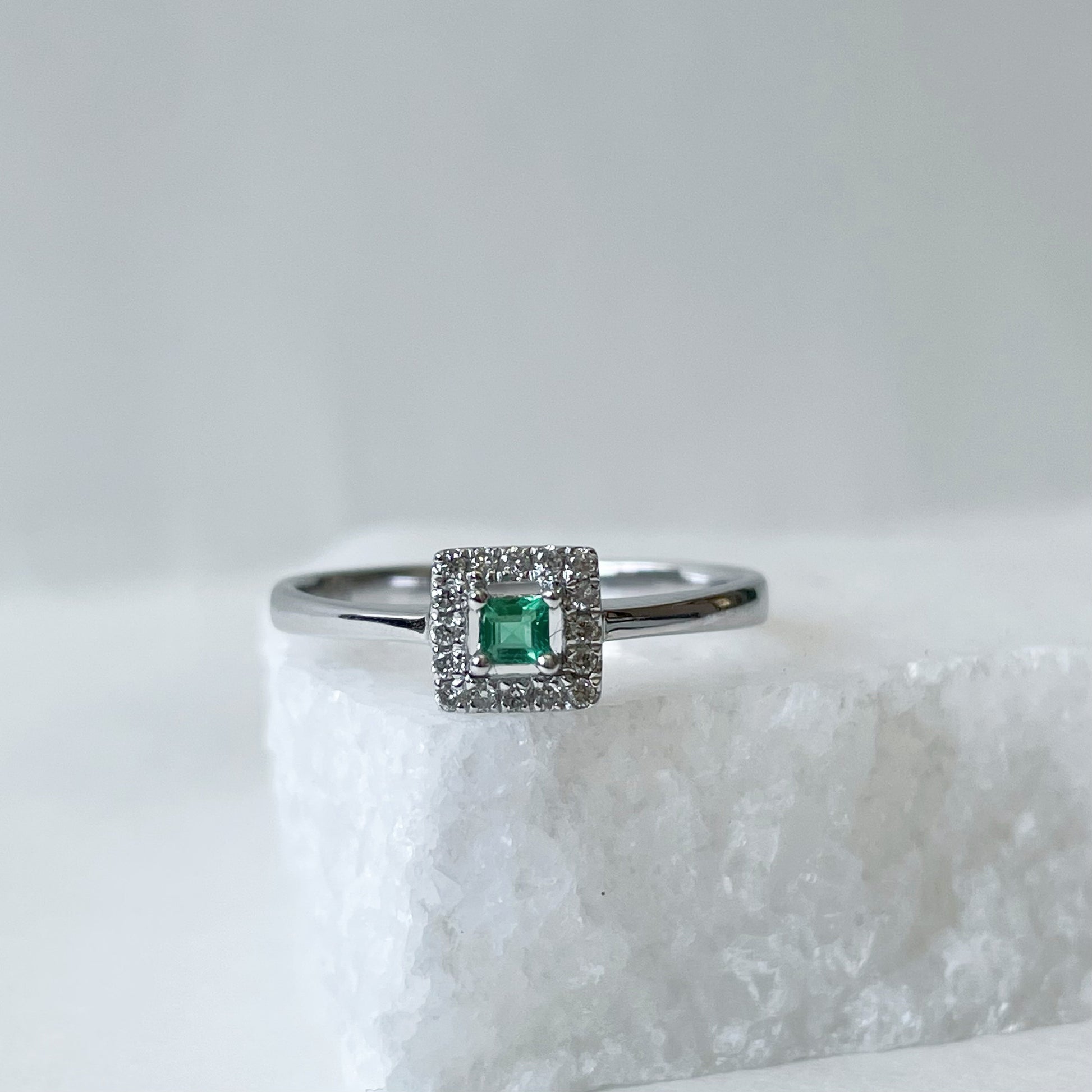 18K Solid Gold Genuine Emerald and Diamond Square Ring