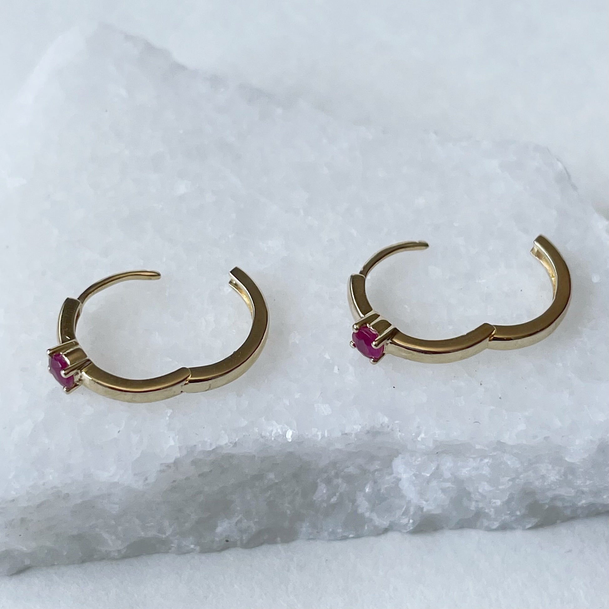 14K Solid Gold Genuine Ruby Huggies/Hoops/Pair