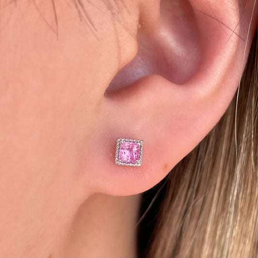 14K Solid Gold Genuine Pink Sapphire Square Studs/Pair