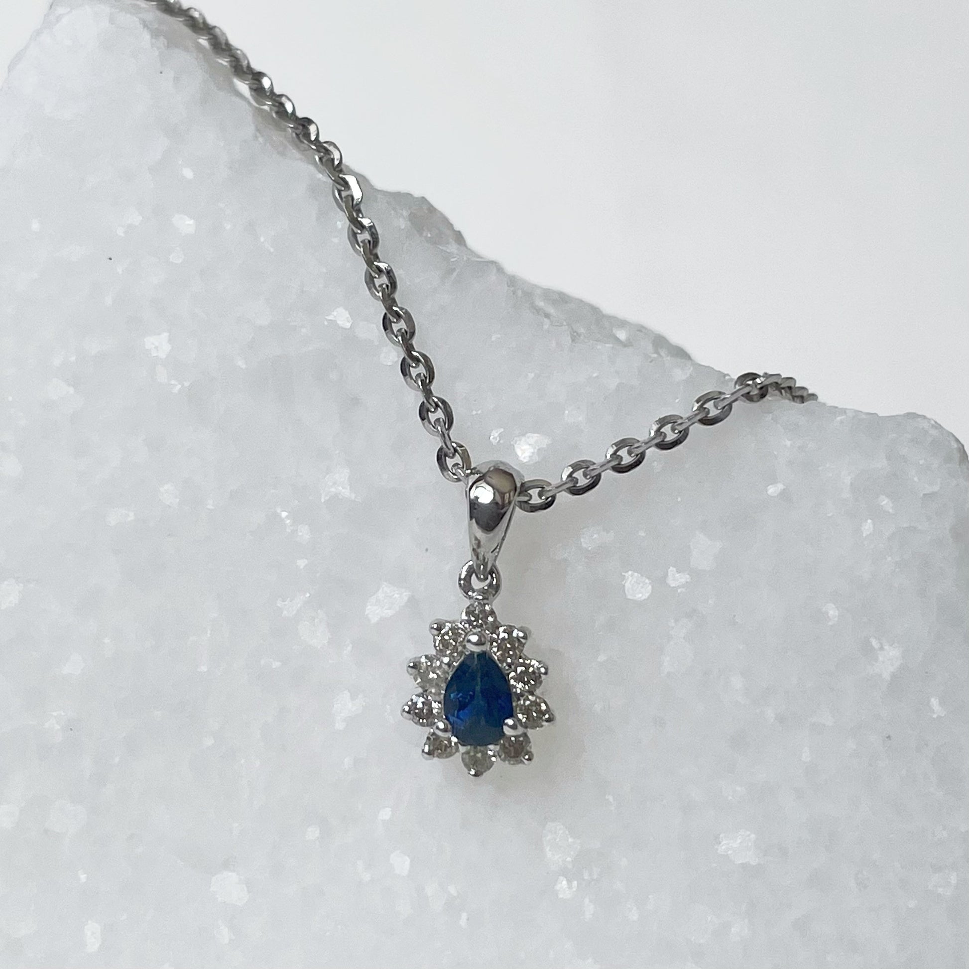 14K Solid Gold Genuine Diamond and Sapphire Teardrop Pendant (pendant only)