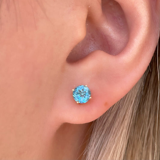 14K Solid Gold Genuine 5mm Blue Topaz Round Studs/Pair