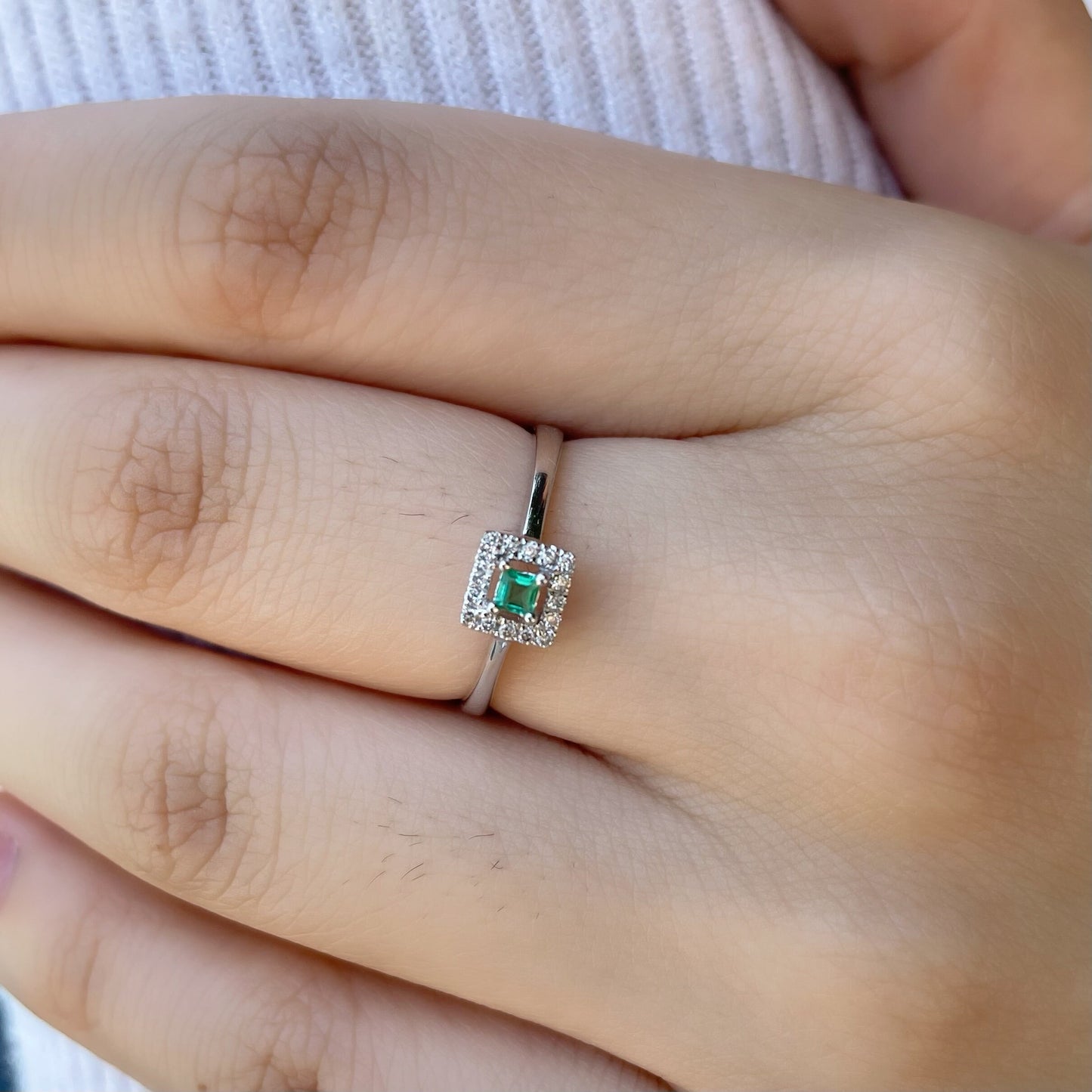 18K Solid Gold Genuine Emerald and Diamond Square Ring