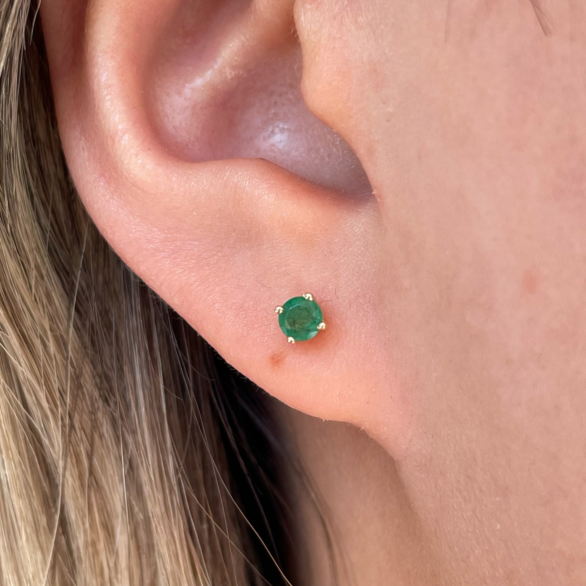 14K Solid Gold Genuine Emerald 3mm Round Studs/Pair