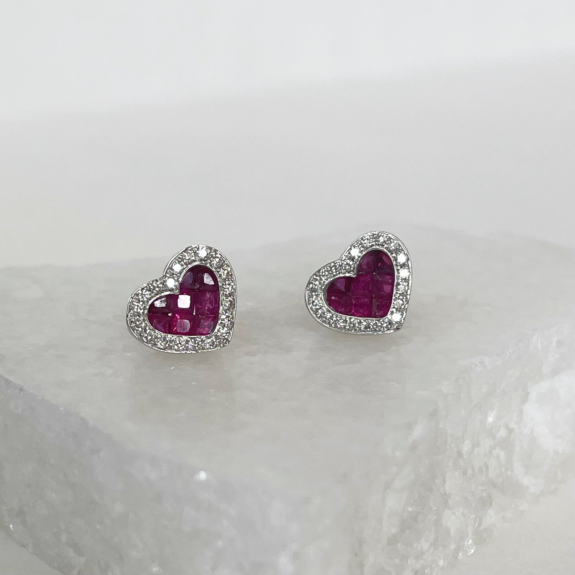 14K Solid Gold Genuine Ruby and Diamond Heart Studs/Pair