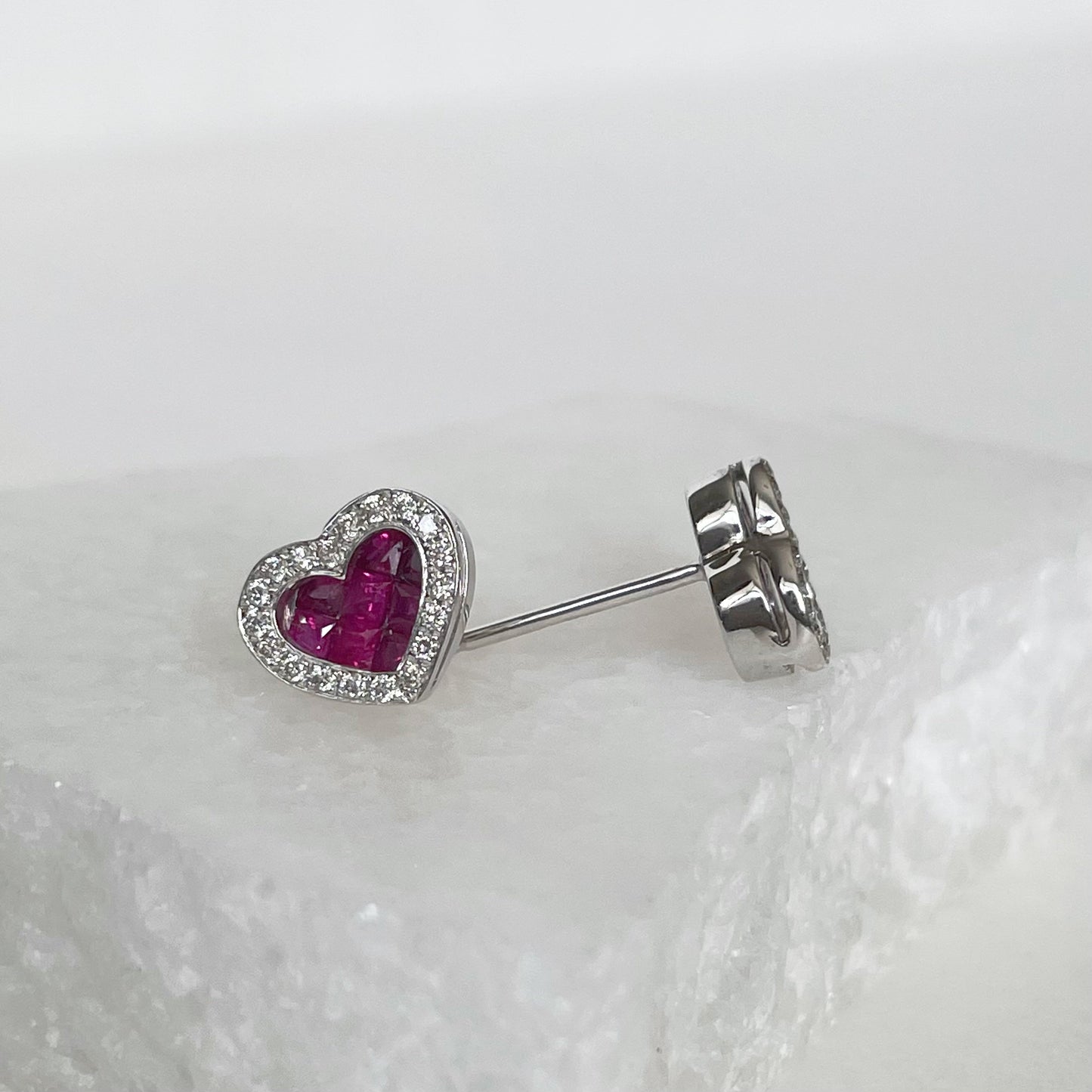 14K Solid Gold Genuine Ruby and Diamond Heart Studs/Pair