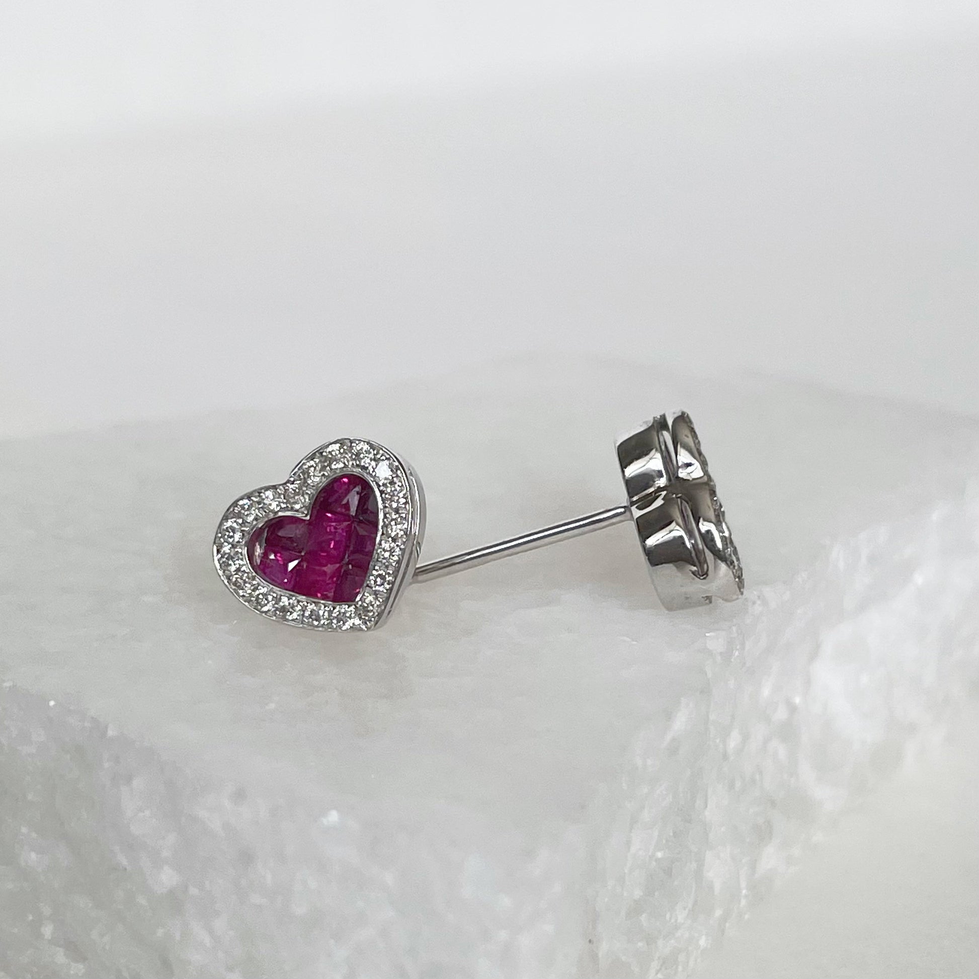 14K Solid Gold Genuine Ruby and Diamond Heart Studs/Pair