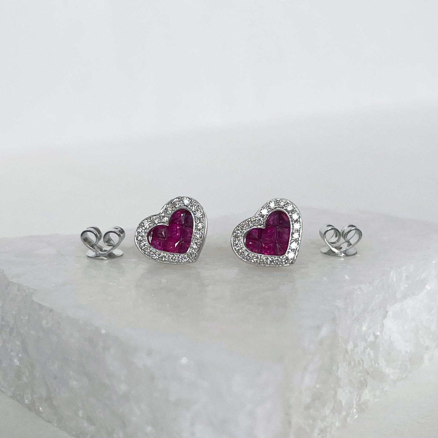 14K Solid Gold Genuine Ruby and Diamond Heart Studs/Pair