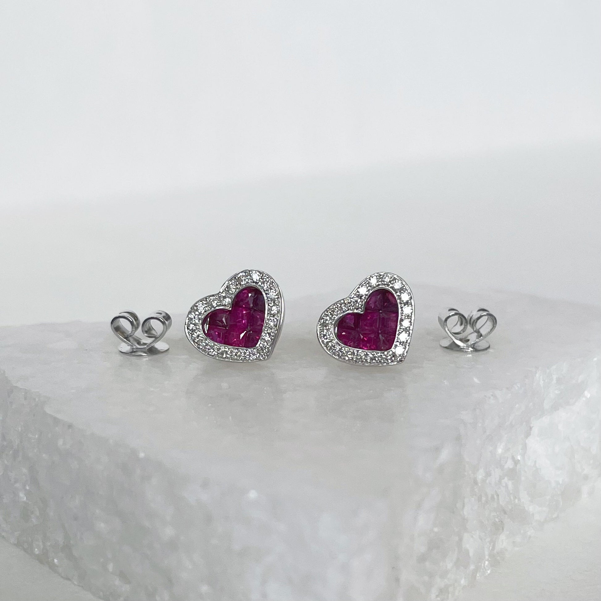 14K Solid Gold Genuine Ruby and Diamond Heart Studs/Pair
