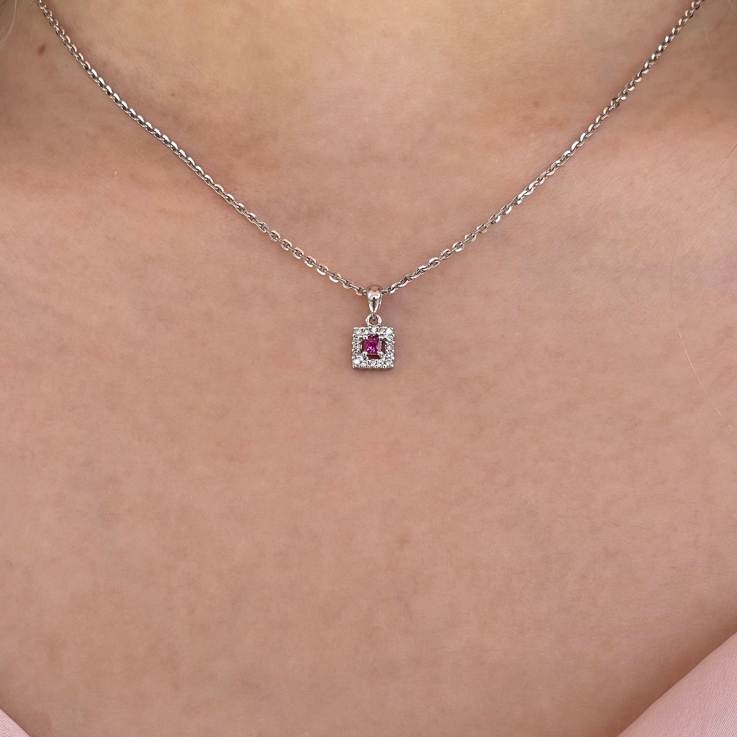 14K Solid Gold Genuine Ruby and Diamond Square Pendant (pendant only)