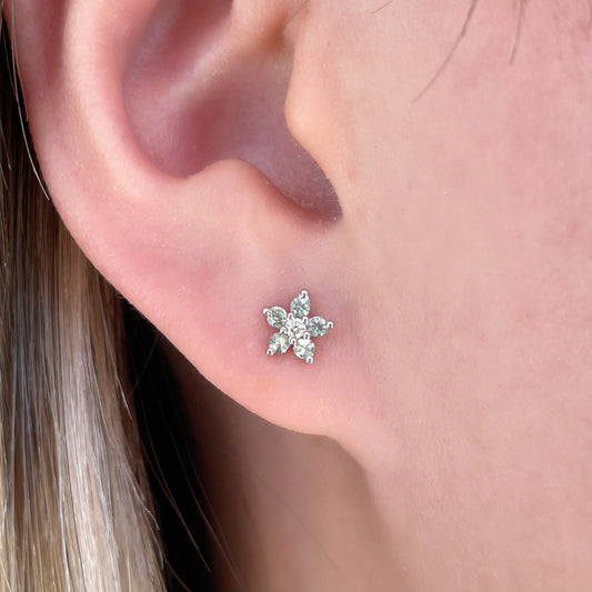 14K Solid Gold Genuine Green Sapphire Flower Studs