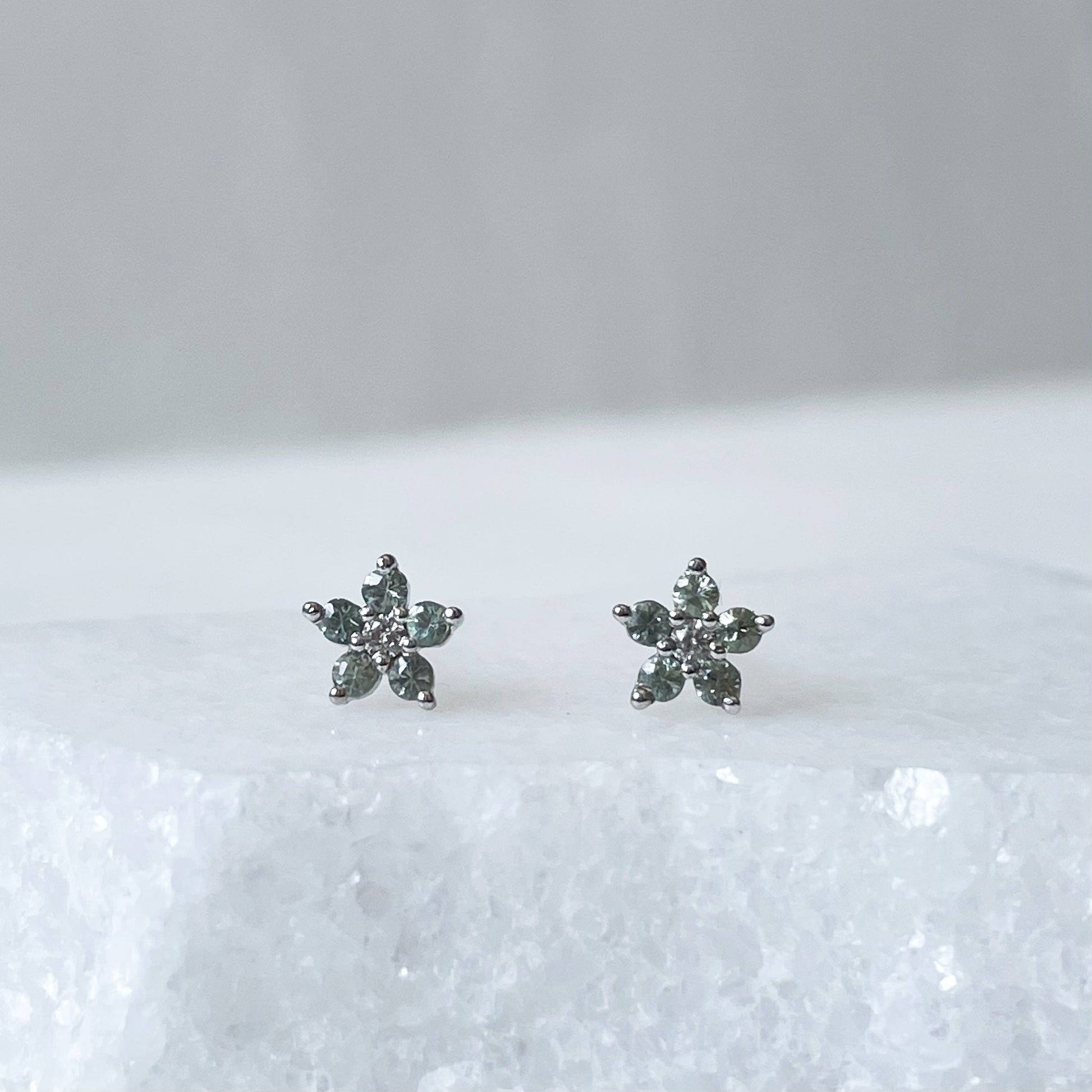 14K Solid Gold Genuine Green Sapphire Flower Studs