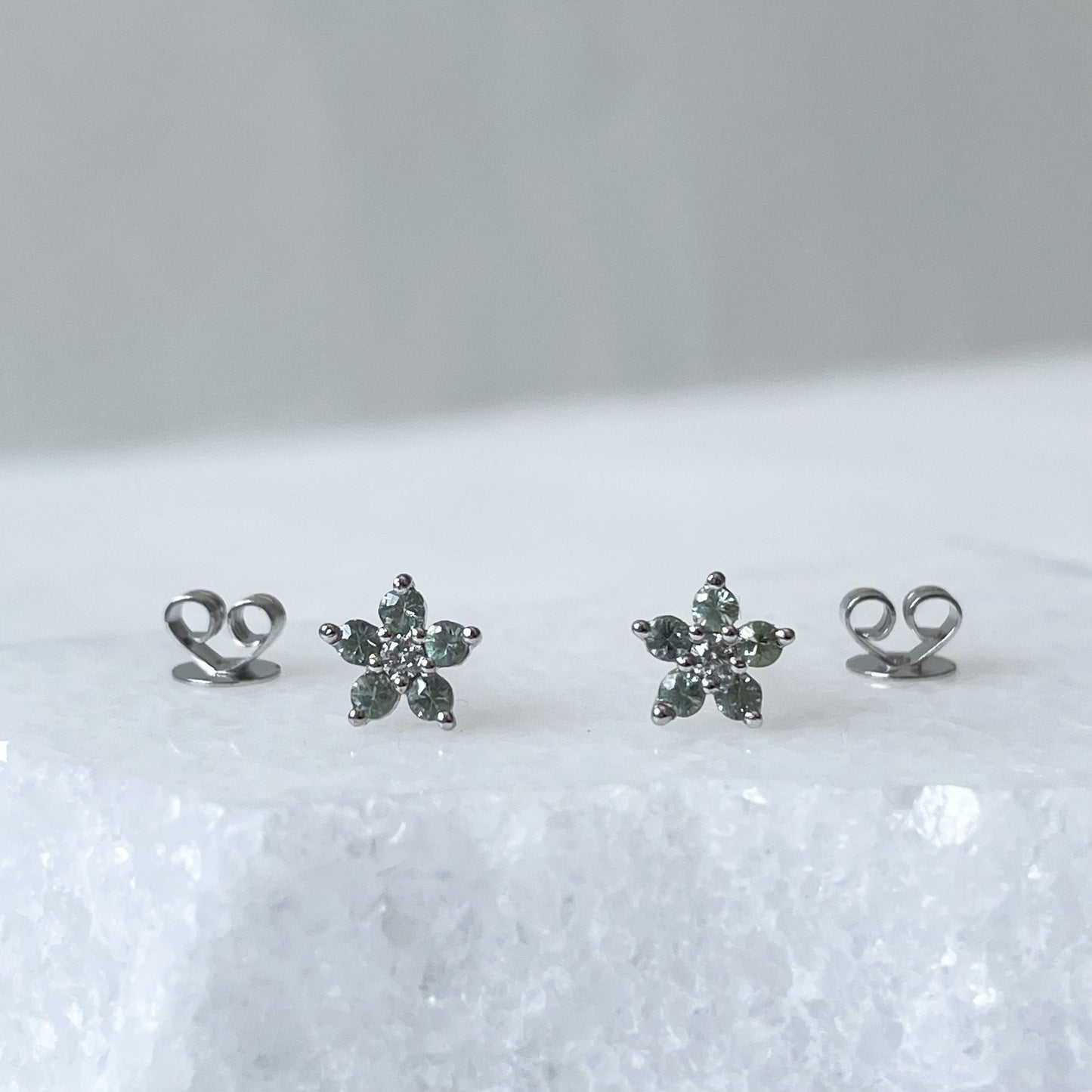 14K Solid Gold Genuine Green Sapphire Flower Studs