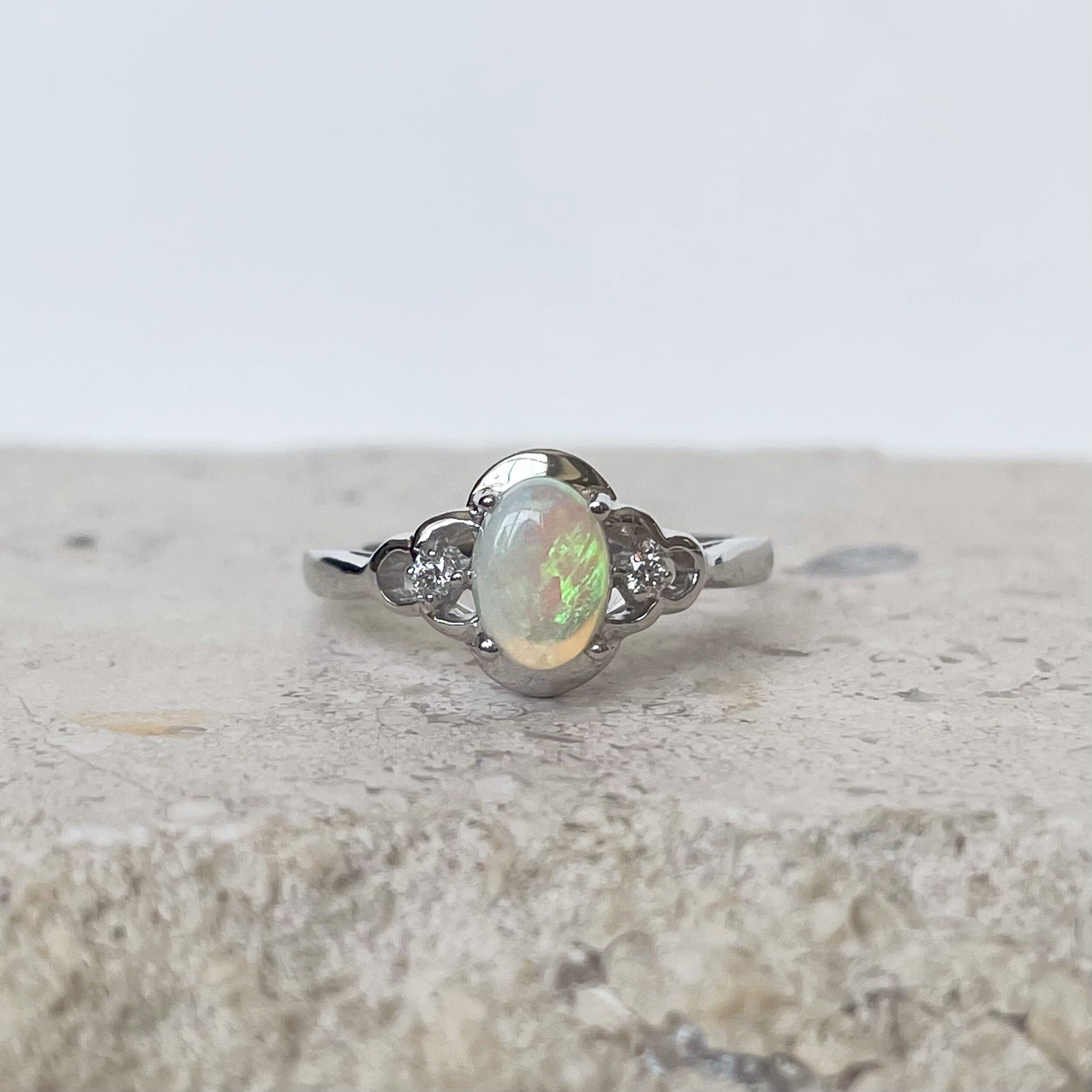 14K Solid Gold Genuine Opal and Diamond Ring