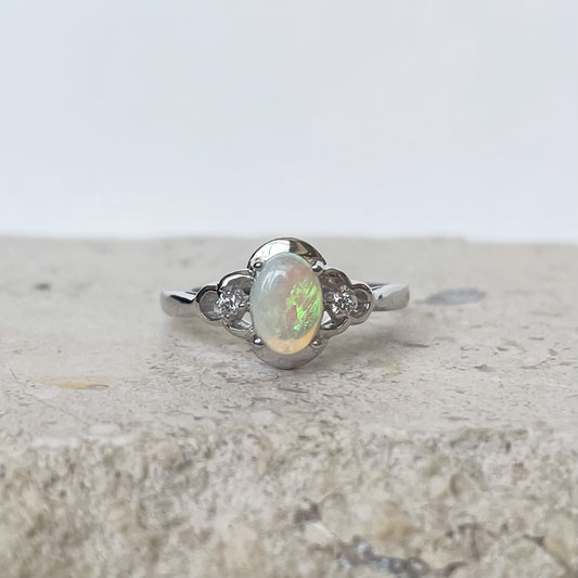 14K Solid Gold Genuine Opal and Diamond Ring