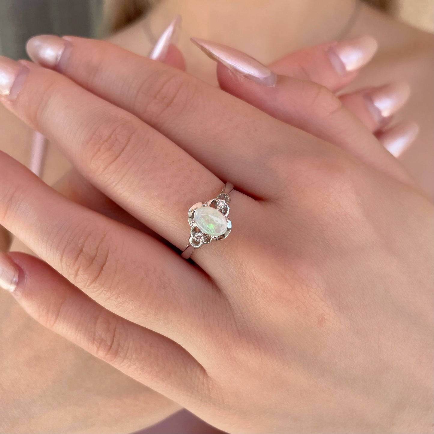 14K Solid Gold Genuine Opal and Diamond Ring