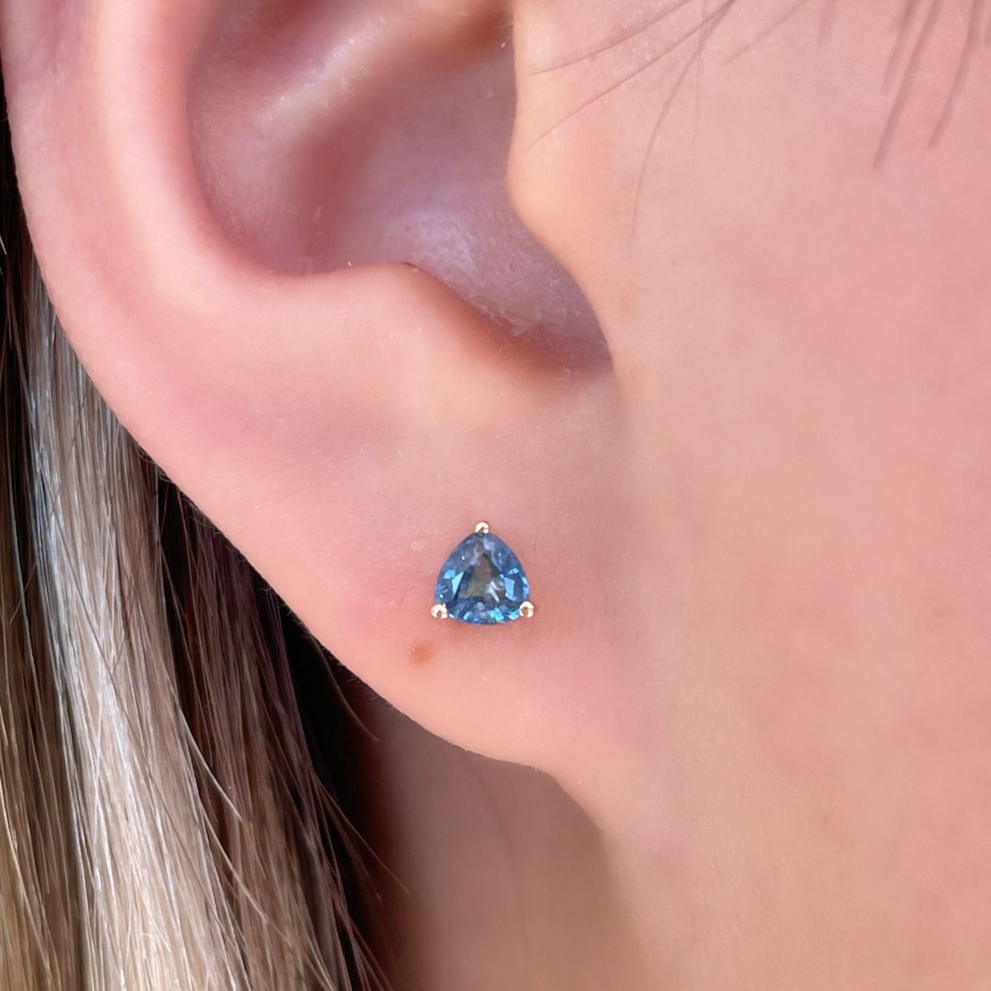 14K Solid Gold Genuine Ceylon Sapphire Triangle Studs/Pair