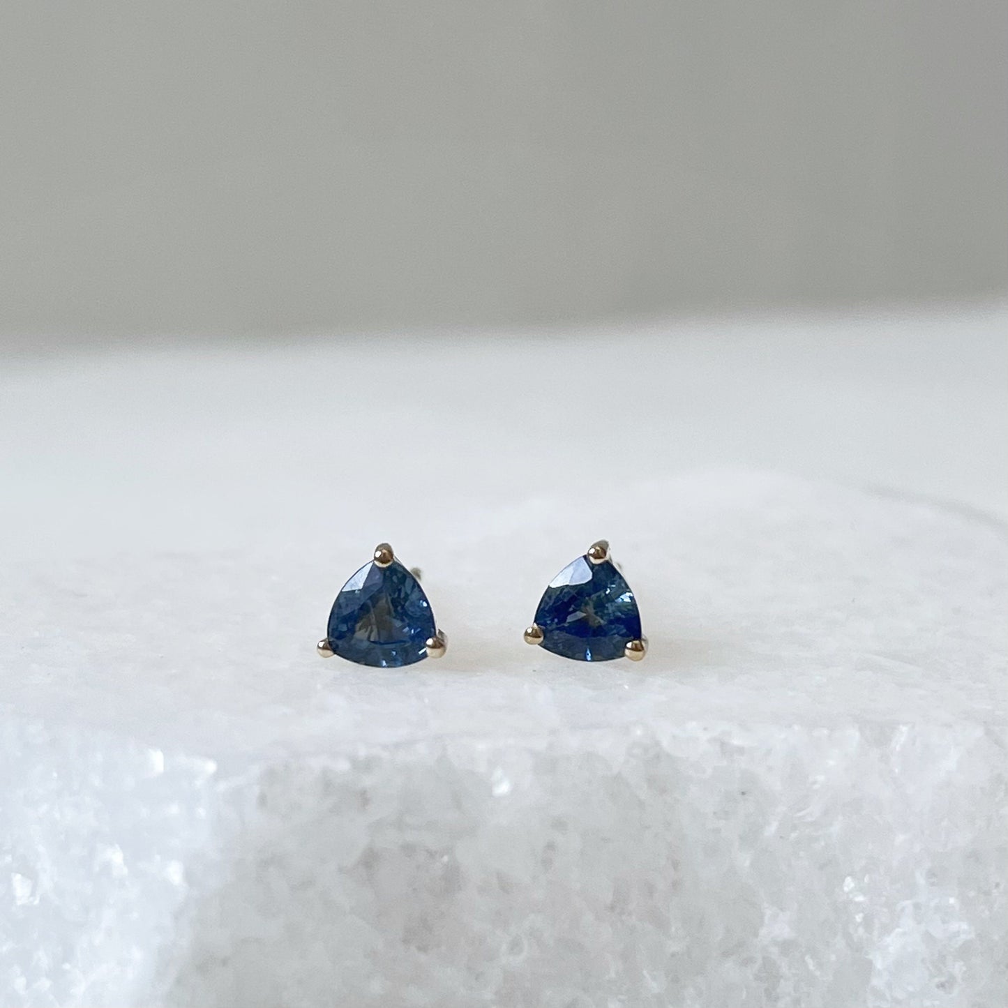 14K Solid Gold Genuine Ceylon Sapphire Triangle Studs/Pair