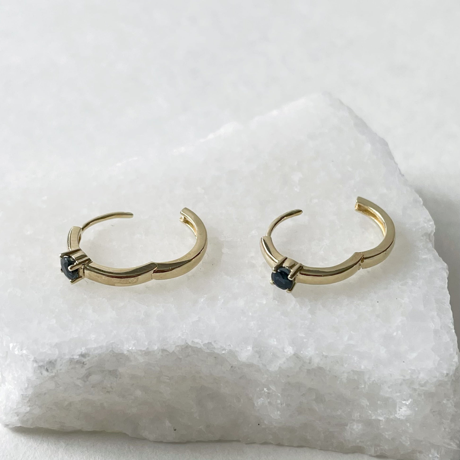 14K Solid Gold Genuine Sapphire Hoops/Pair