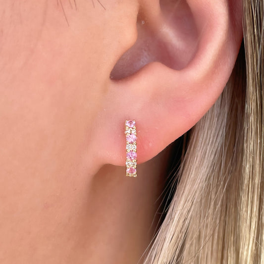 14K Solid Gold Genuine Pink Sapphire and Diamond Hoops