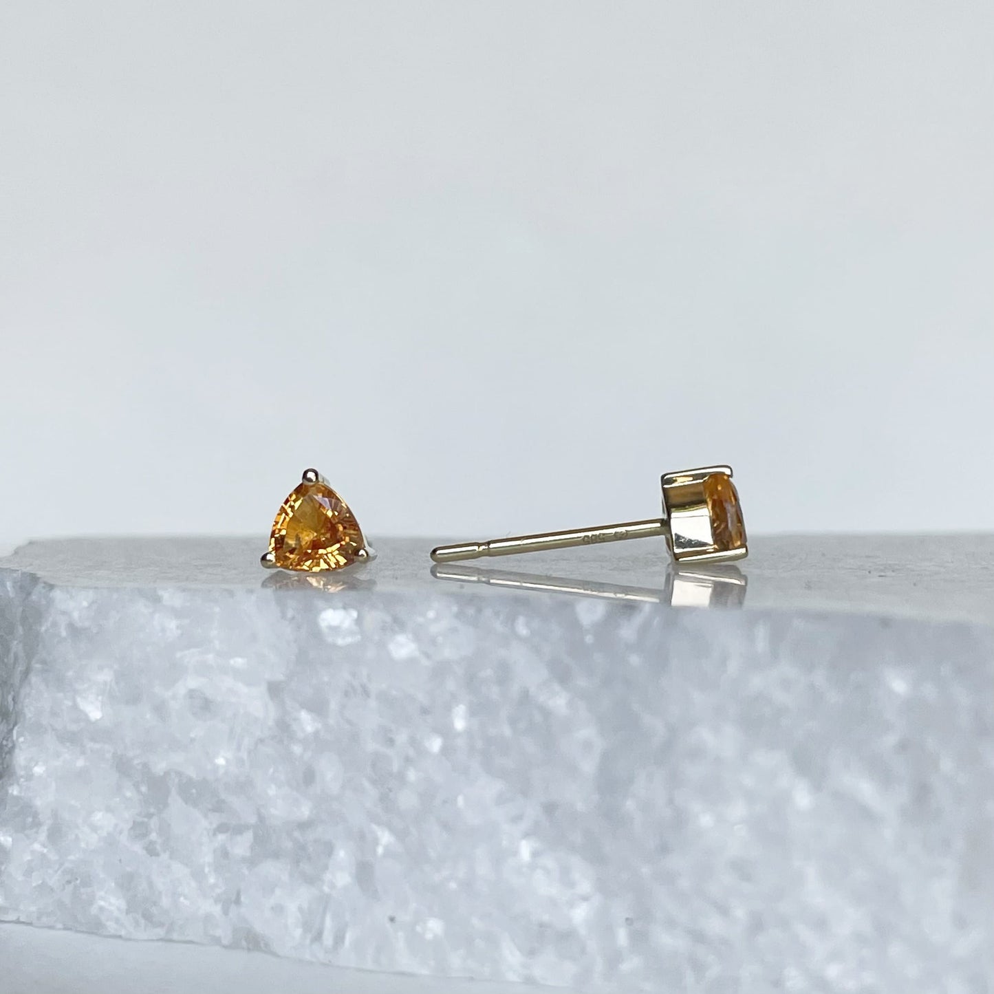 14K Solid Gold Genuine Orange Sapphire Triangle Studs/Pair