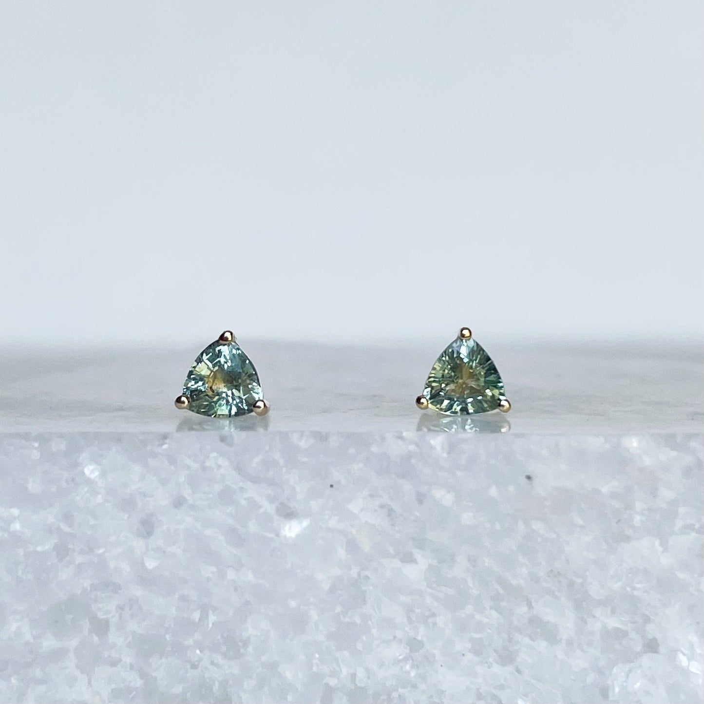 14K Solid Gold Genuine Green Sapphire Triangle Studs/Pair