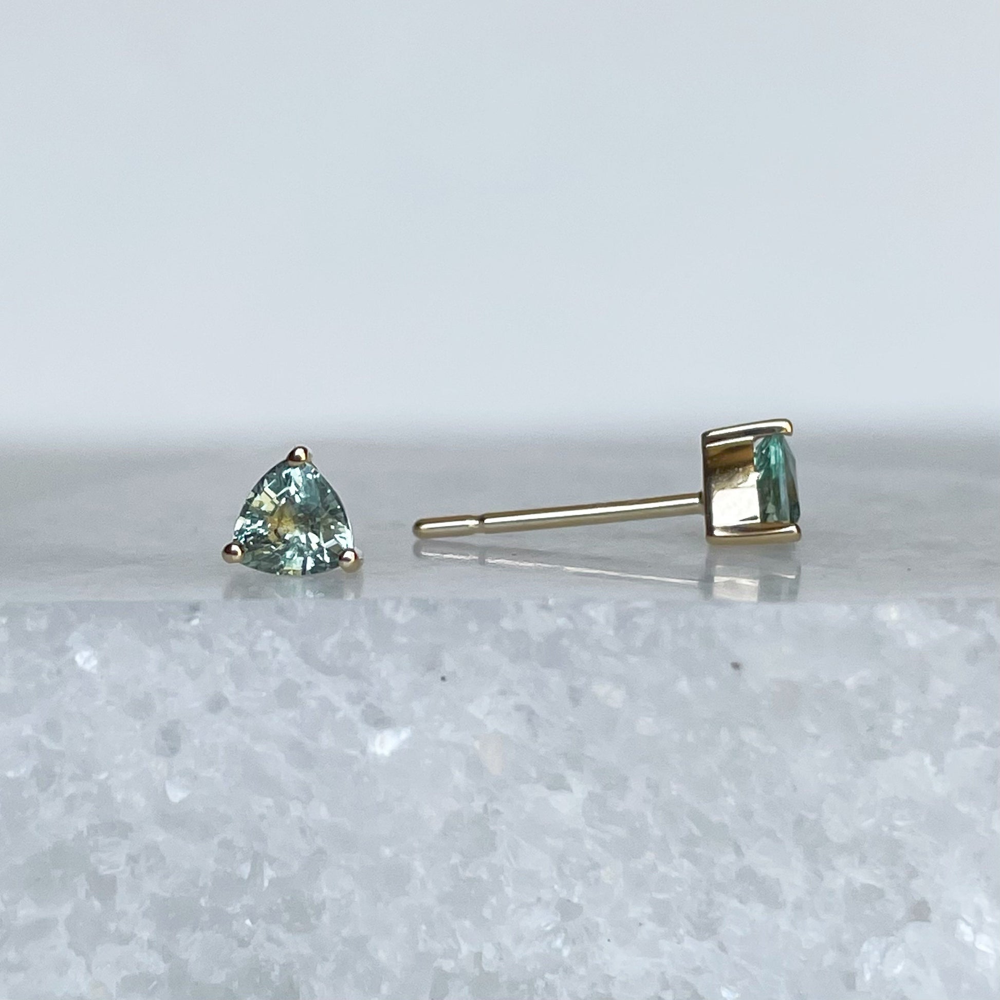 14K Solid Gold Genuine Green Sapphire Triangle Studs/Pair