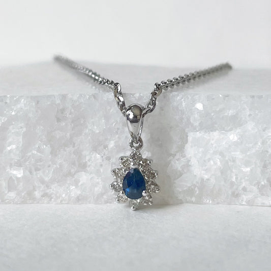 14K Solid Gold Genuine Diamond and Sapphire Teardrop Pendant (pendant only)