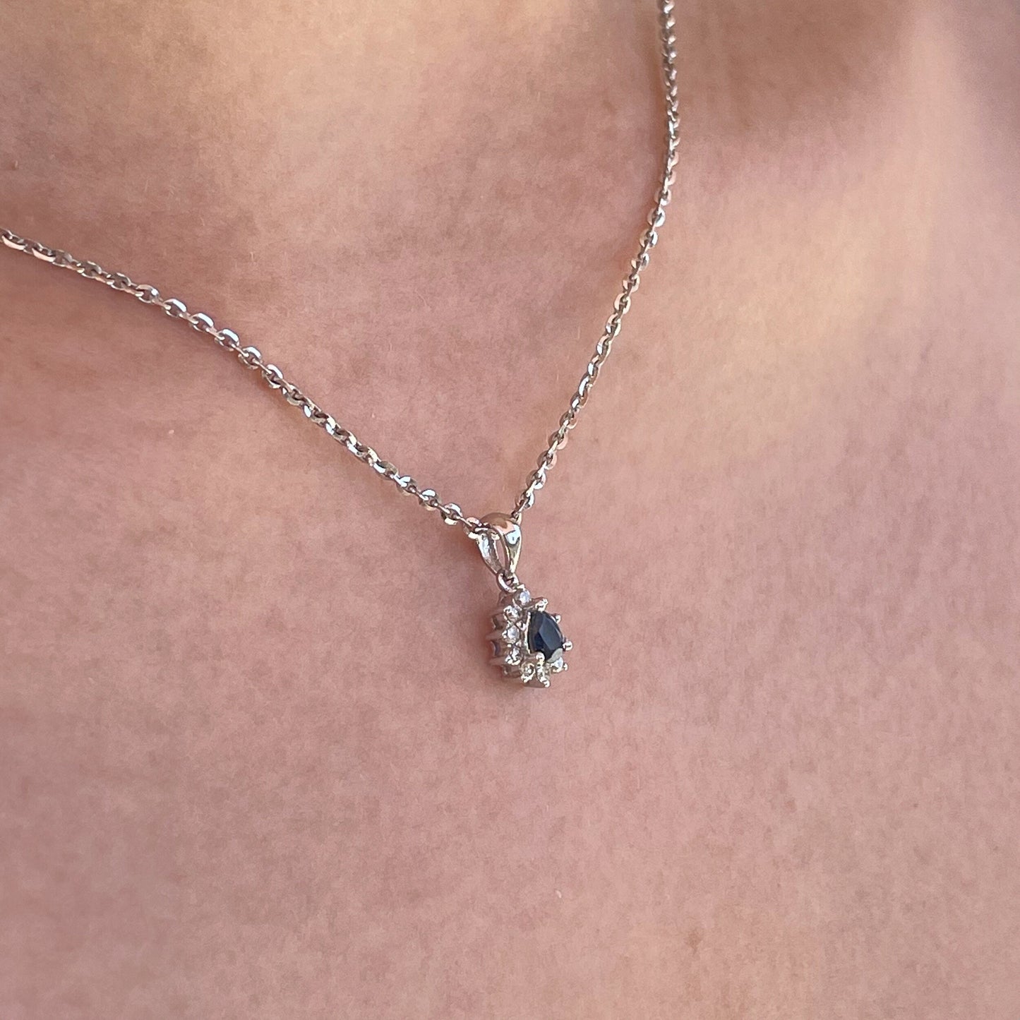 14K Solid Gold Genuine Diamond and Sapphire Teardrop Pendant (pendant only)