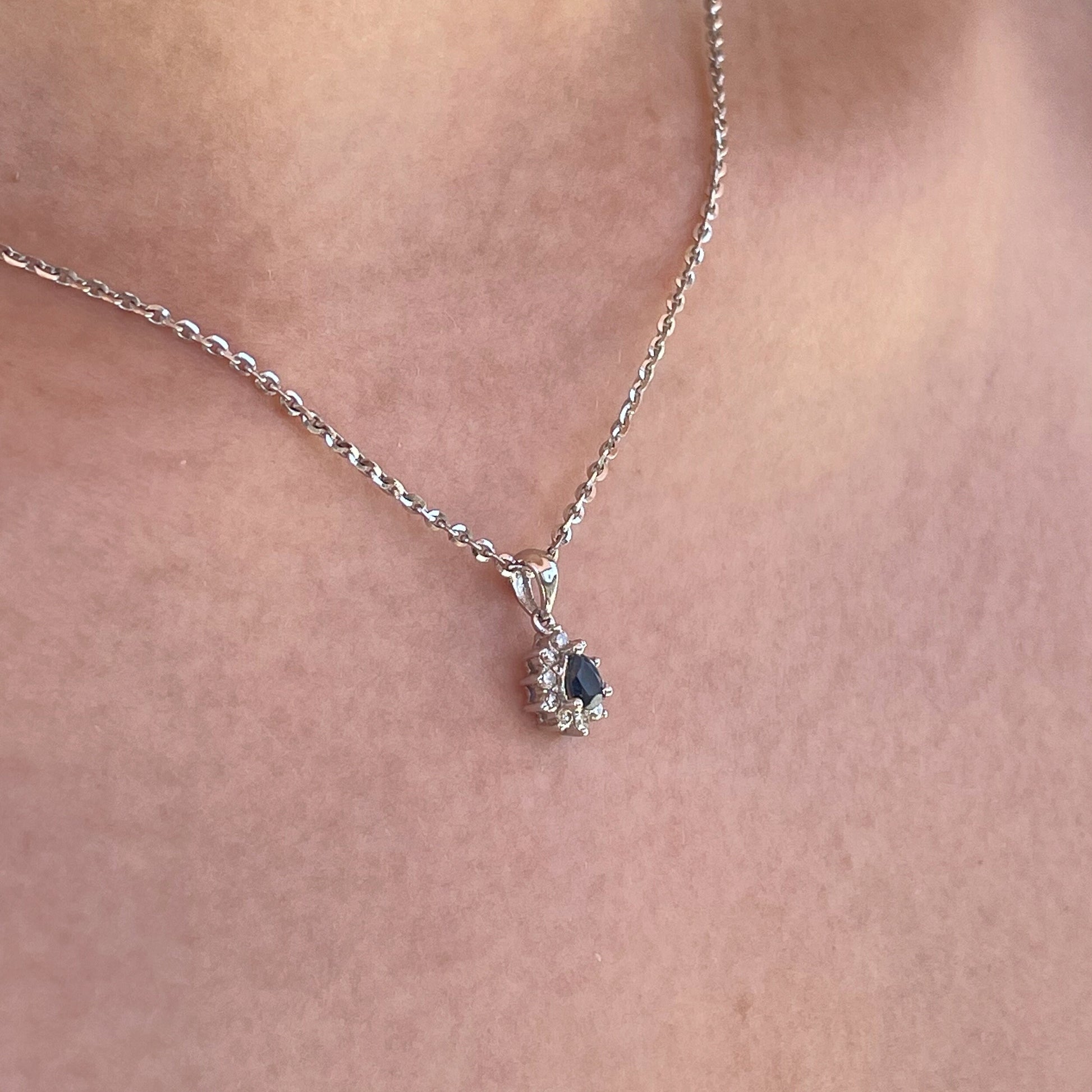 14K Solid Gold Genuine Diamond and Sapphire Teardrop Pendant (pendant only)