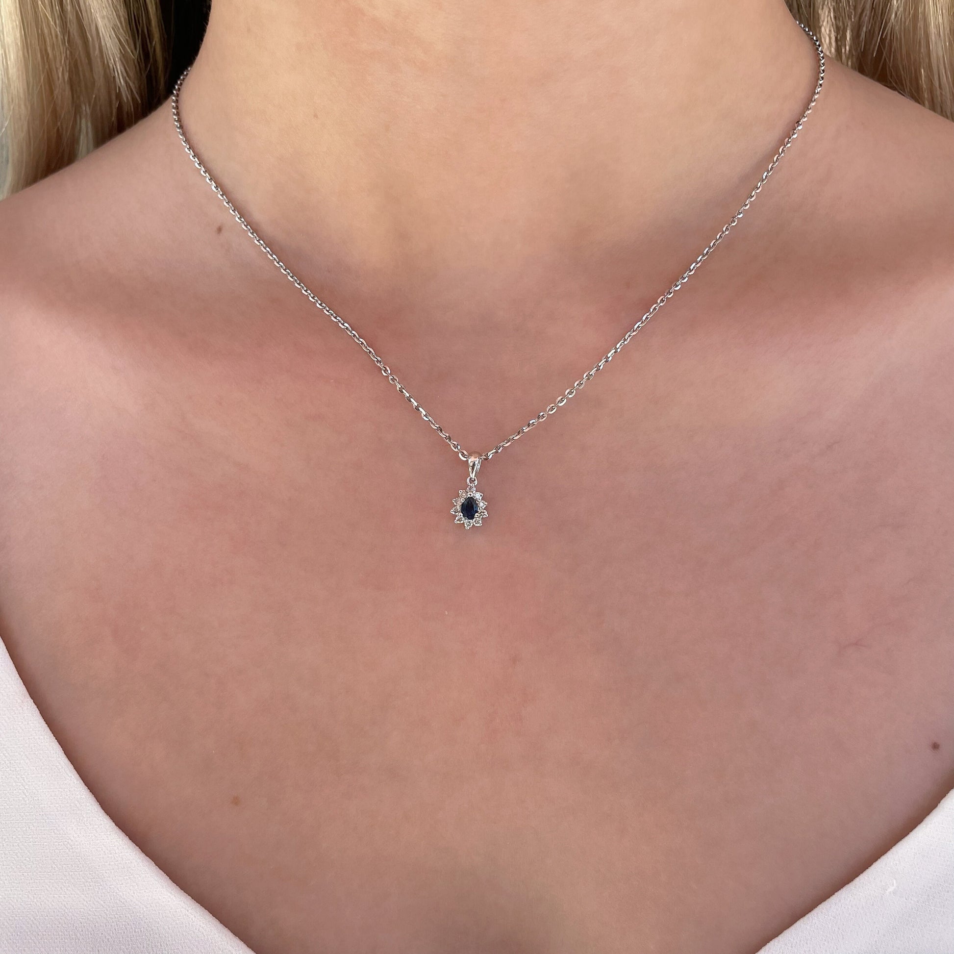 14K Solid Gold Genuine Diamond and Sapphire Teardrop Pendant (pendant only)