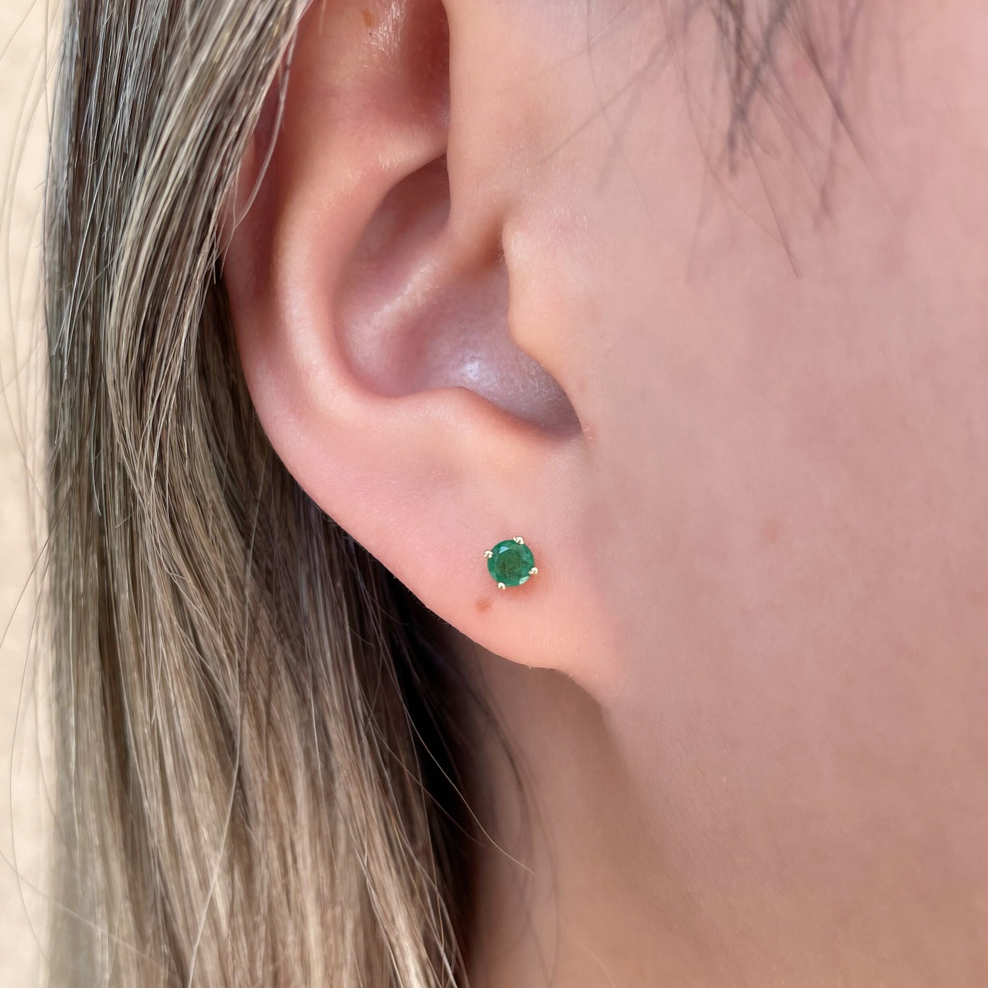 14K Solid Gold Genuine Emerald 3mm Round Studs/Pair