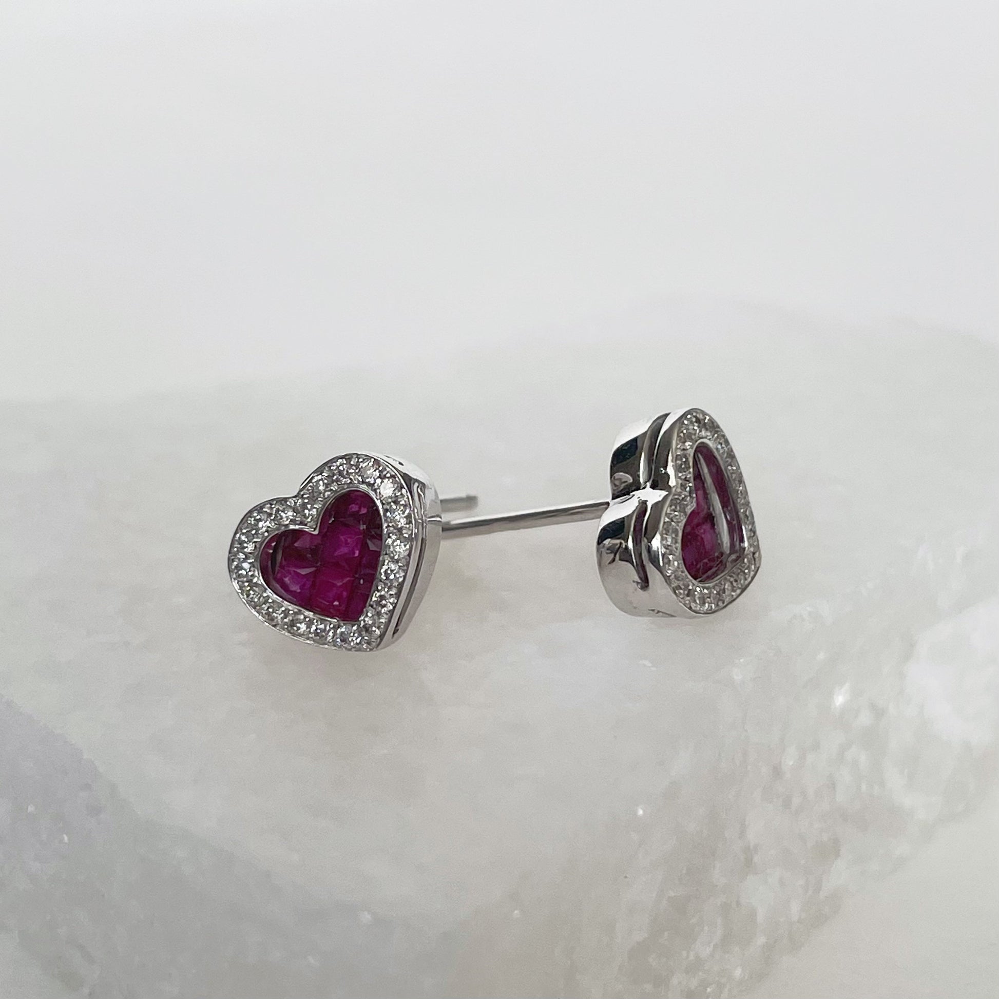 14K Solid Gold Genuine Ruby and Diamond Heart Studs/Pair