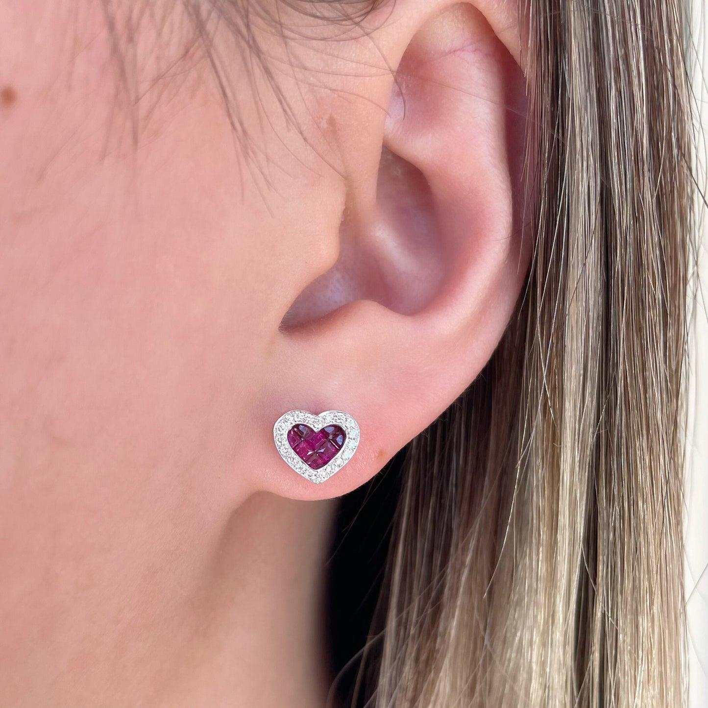 14K Solid Gold Genuine Ruby and Diamond Heart Studs/Pair