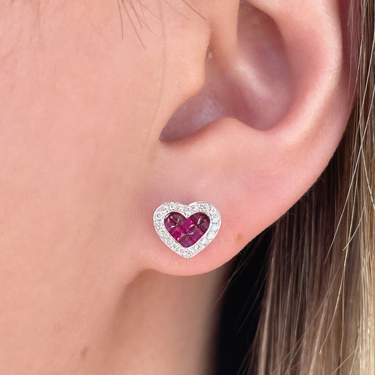 14K Solid Gold Genuine Ruby and Diamond Heart Studs/Pair